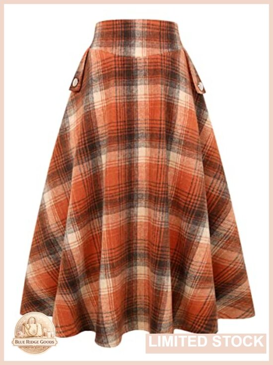 Dresses & Skirts - High Waisted Wool Plaid A-Line Long Maxi Skirt with Pockets